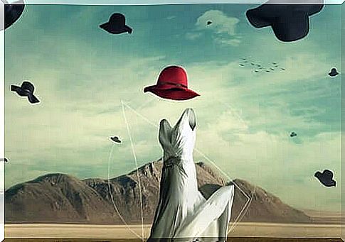 Surrealist painting with dress and hats