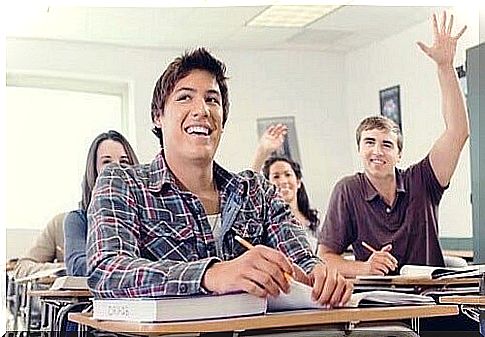 Pupil raises his hand in the classroom demonstrating learning motivation